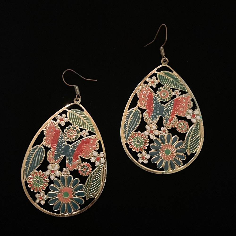 Red, Pink, Green, & Gold Color Dangly Earrings